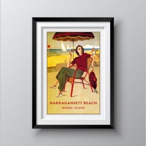 Póster de viaje vintage de NARRAGANSETT BEACH Rhode Island, años 30. Disponible en tamaños 12x18 16x24 24x36 y 28x40 pulgadas. Envío gratuito y rápido