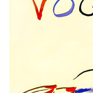 May include: Illustration of the word "VOGUE" in red, blue, and black on a cream background. The image includes a hand with red nail polish and a blue object. The style is reminiscent of a fashion magazine cover.
