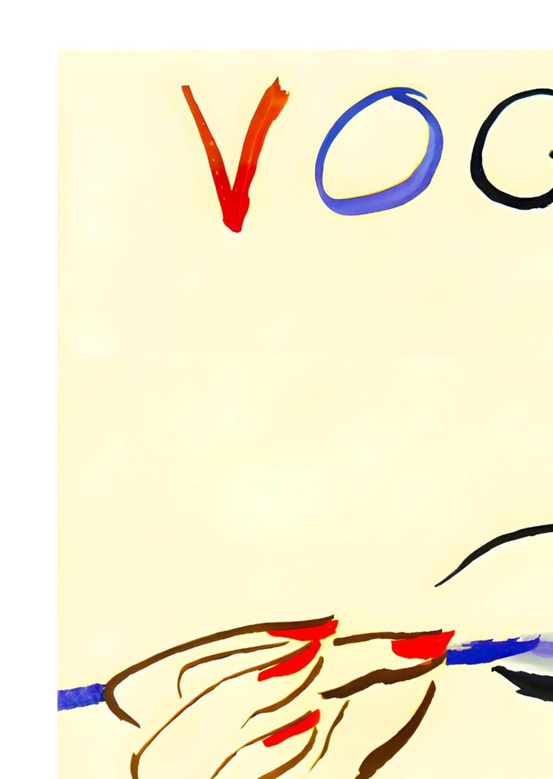 May include: Illustration of the word "VOGUE" in red, blue, and black on a cream background. The image includes a hand with red nail polish and a blue object. The style is reminiscent of a fashion magazine cover.