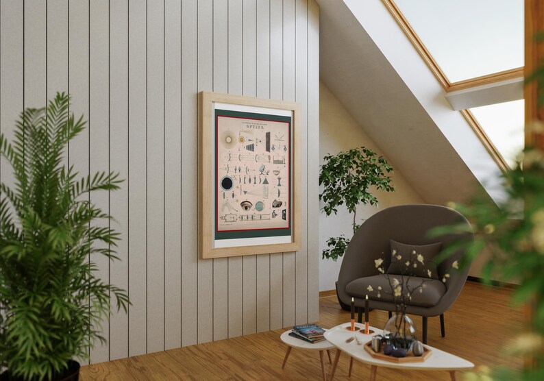 May include: A framed poster featuring a vintage illustration of different optical illusions. The poster is in a light wood frame and is hanging on a white wall. The poster is surrounded by plants and a brown armchair.