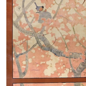May include: A watercolor painting of a bird perched on a branch in a tree with pink blossoms. The bird is blue and has a red breast. The tree branches are gray and the blossoms are a light pink.