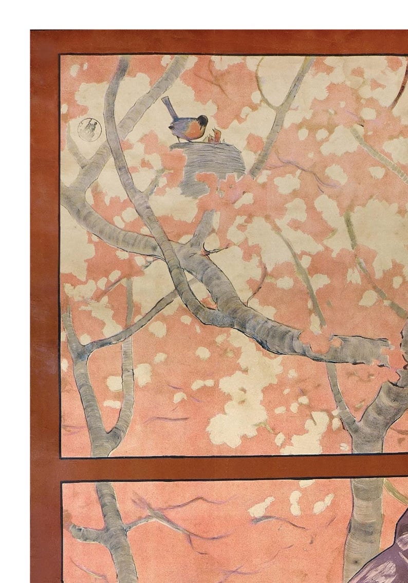 May include: A watercolor painting of a bird perched on a branch in a tree with pink blossoms. The bird is blue and has a red breast. The tree branches are gray and the blossoms are a light pink.