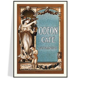 Afiche del Odeon Cafe de San Francisco de 1909, época del Art Nouveau, ilustración de la portada del menú del Odeon, tintas de archivo utilizadas sobre papel mate grueso, envío gratuito