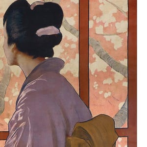 May include: A woman in a purple and brown kimono sits in front of a window with a pink and white floral pattern. The woman's hair is styled in a bun with a pink ribbon.