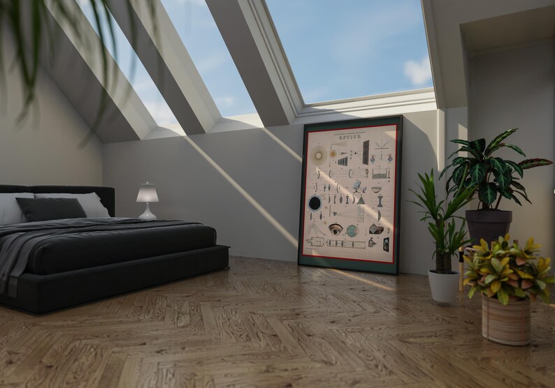 May include: A black bed with a white headboard and a white lamp on a bedside table. The room has a large skylight and a framed poster with the word "OPTICS" on it. There are also plants in pots on the floor.