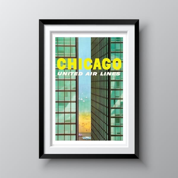 Chicago 1965 Vintage United Air Lines Travel Poster Reproduction, Home & Office Wall Decor Ideas, Nostalgic Travel Art. Free Shipping