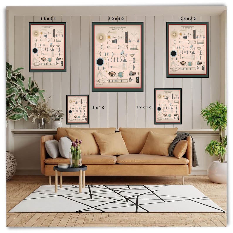 May include: A living room interior with a light brown sofa and a white rug with black lines. There are three framed prints on the wall, each with a different size and a vintage illustration of optical diagrams. The prints are labelled with the dimensions 18x24, 30x40, and 24x32. Below the prints are two more framed prints, labelled 8x10 and 12x16.