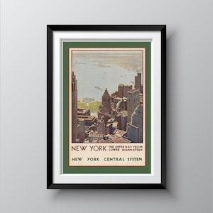 CARTEL DEL BAJO MANHATTAN. Impresión de réplica vintage de 1933 que muestra una vista de pájaro de Battery Park y el río Hudson. Envío gratuito incluido.