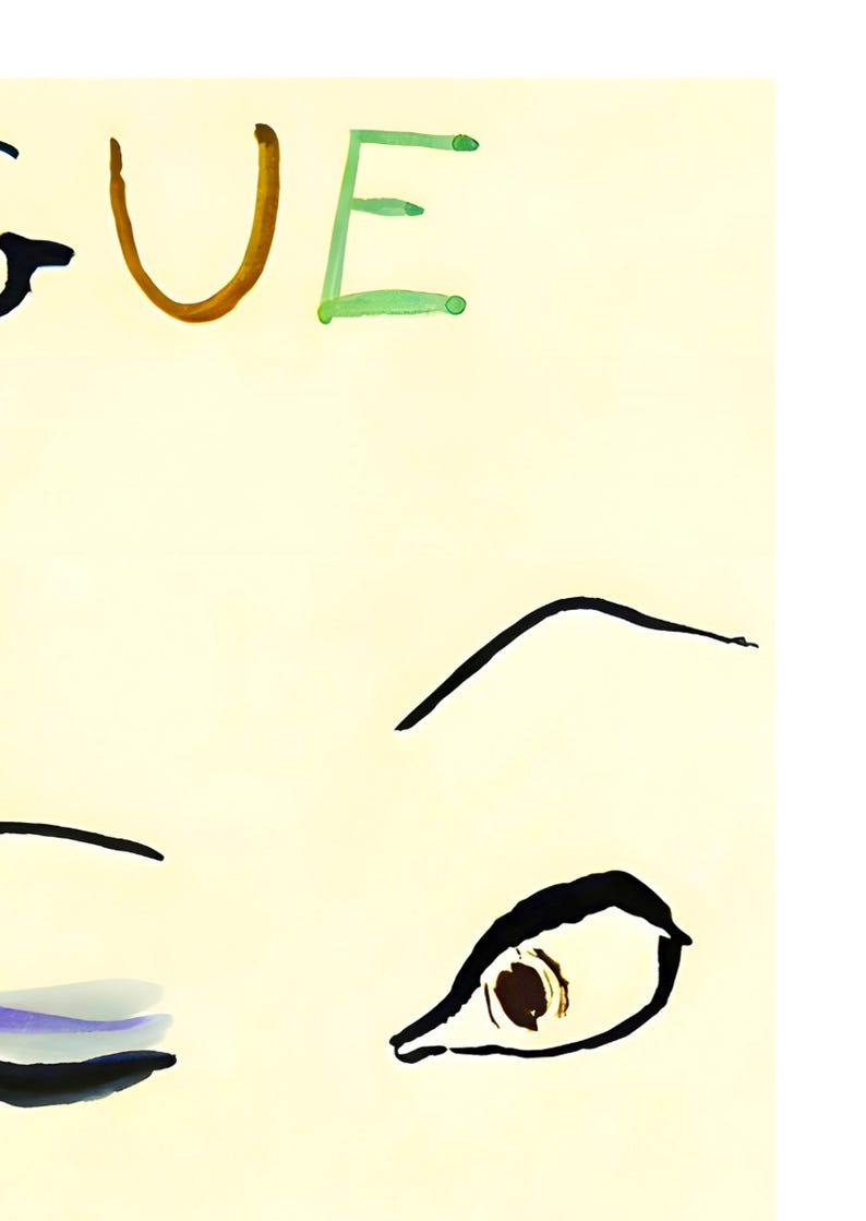 May include: Illustration featuring the word "VOGUE" in brown and green, with stylized eyes and eyebrows. The artwork has a minimalist aesthetic with bold black outlines and a cream-colored background.