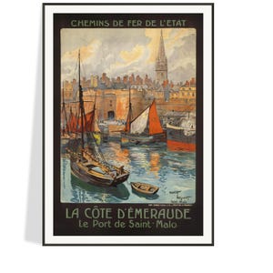 Reprodução de pôster de viagem francês vintage – Impressão artística de Port de Saint-Malo de 1923 – Decoração de turismo costeiro retrô da França – Frete grátis