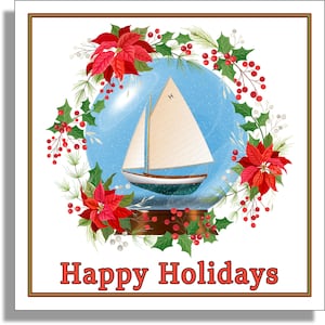Tarjeta navideña de temática náutica, Herreshoff 12: Velero dentro de una bola de nieve. Cada juego incluye 5 tarjetas plegadas y sobres. Envío gratuito.