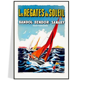 Póster náutico de 1935, "Les Régates du Soleil", arte mural costero, regata de veleros, decoración mural de vela, envío gratuito