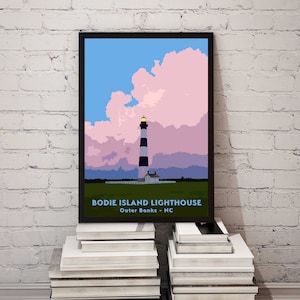 Faro di Bodie Island, Outer Banks N.C., poster di viaggio in stile vintage, stampa di qualità museale a 300 DPI su carta opaca Fine Art, spedizione gratuita