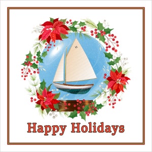 Christmas Cards, Nautical Themed Snow Globe, Set Includes 10 5.25x5.25-inch Folded Cards & Matching Envelopes, Free Shipping