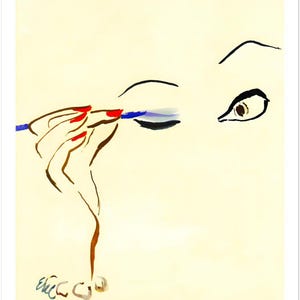 May include: Vintage Vogue magazine cover art featuring a woman applying eye makeup. The word "VOGUE" is displayed in colorful letters. The woman's hand with red nails holds a blue eyeliner pencil. The image is a beauty-themed illustration.