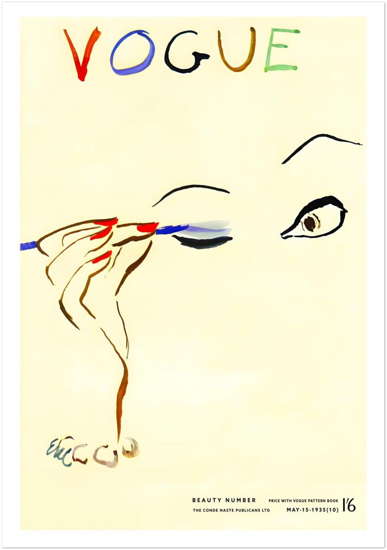May include: Vintage Vogue magazine cover art featuring a woman applying eye makeup. The word "VOGUE" is displayed in colorful letters. The woman's hand with red nails holds a blue eyeliner pencil. The image is a beauty-themed illustration.