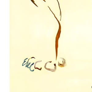 May include: Abstract watercolor painting on a cream background. The artwork features brown and rust-colored lines suggesting a figure, with a cluster of shapes in blue, red, and beige at the bottom. The artist's signature is visible.