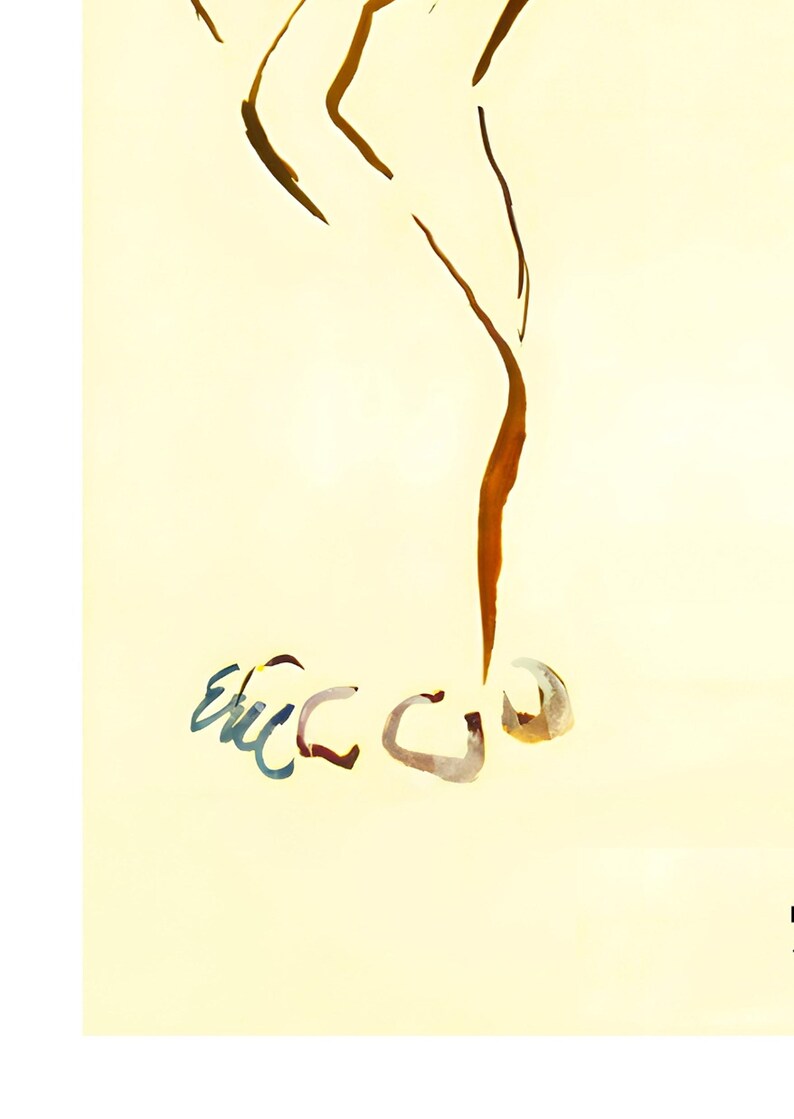 May include: Abstract watercolor painting on a cream background. The artwork features brown and rust-colored lines suggesting a figure, with a cluster of shapes in blue, red, and beige at the bottom. The artist's signature is visible.