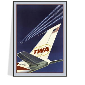 Cartel publicitario de aerolínea TWA vintage de los años 60. Imágenes de la era de los aviones jet, producidas en papel mate de calidad de museo con tintas de archivo para decoración de paredes.