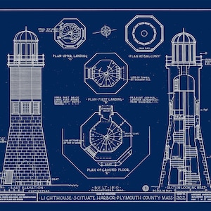 May include: A blueprint drawing of a lighthouse, showing the east elevation, plan of the ground floor, first landing, upper landing, balcony, and a section looking west. The lighthouse is built of brick and stone and has a copper lantern. The drawing is dated 1810 and shows the lighthouse as it was built. The drawing is titled "Lighthouse, Scituate Harbor, Plymouth County, Mass. 222."