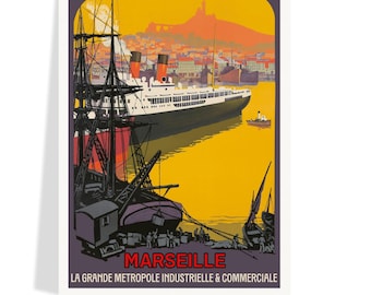 Marseille France Vintage Travel Poster 1922, French Harbor Print, Mediterranean Coastal Art, Art Deco Wall Decor, Free Shipping Included