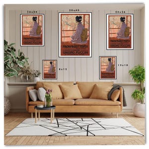 May include: A set of 6 vintage-style posters featuring a woman in a traditional Japanese kimono. The posters are available in various sizes, including 8x12 inches, 12x18 inches, 16x24 inches, 24x36 inches, and 28x40 inches. The posters feature the text "MADAMA BUTTERFLY" and "GIACOMO PUCCINI".