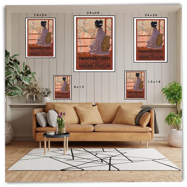 May include: A set of 6 vintage-style posters featuring a woman in a traditional Japanese kimono. The posters are available in various sizes, including 8x12 inches, 12x18 inches, 16x24 inches, 24x36 inches, and 28x40 inches. The posters feature the text "MADAMA BUTTERFLY" and "GIACOMO PUCCINI".