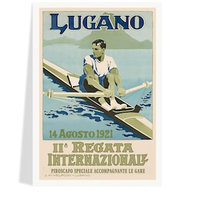 May include: Vintage poster advertising the Lugano regatta, featuring a rower in a boat on a lake. The poster has a blue and beige color scheme with the text "LUGANO" at the top and "14 AGOSTO 1921" below.