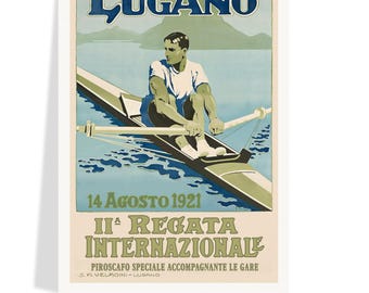 Vintage 1921 Lugano Schweiz Ruder Poster Druck, Internationaler Europäischer Ruder Wettbewerb, Geschenk für Ruderer & Fans der Crew, Schiffe Kostenlos