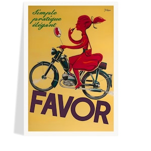 May include: A vintage poster with a yellow background features a red figure on a black motorcycle applying lipstick. The word "FAVOR" is in large purple letters. The top left corner has the words "Simple pratique élégant" in green.