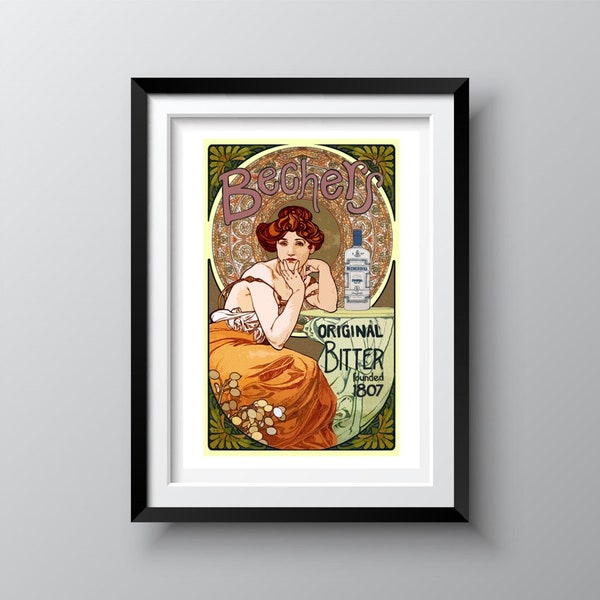 Alphonse Mucha Poster 1900, Bechers Becherovka Liqueur Advertisement from Karlovy Vary Czechia, Essential Art Nouveau, Ships for Free