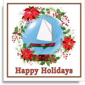 Tarjeta navideña con temática náutica, pequeño velero de madera en una bola de nieve, Catboat, cada juego incluye 5 tarjetas dobladas y sobres, envío gratuito