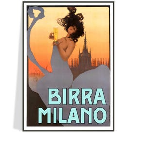 Vintage Poster Birra Milano 1920, Vintage Italian Beer Poster, Home or Office Wall Art Decor, Art Nouveau Bohemian Decor, Ships For Free