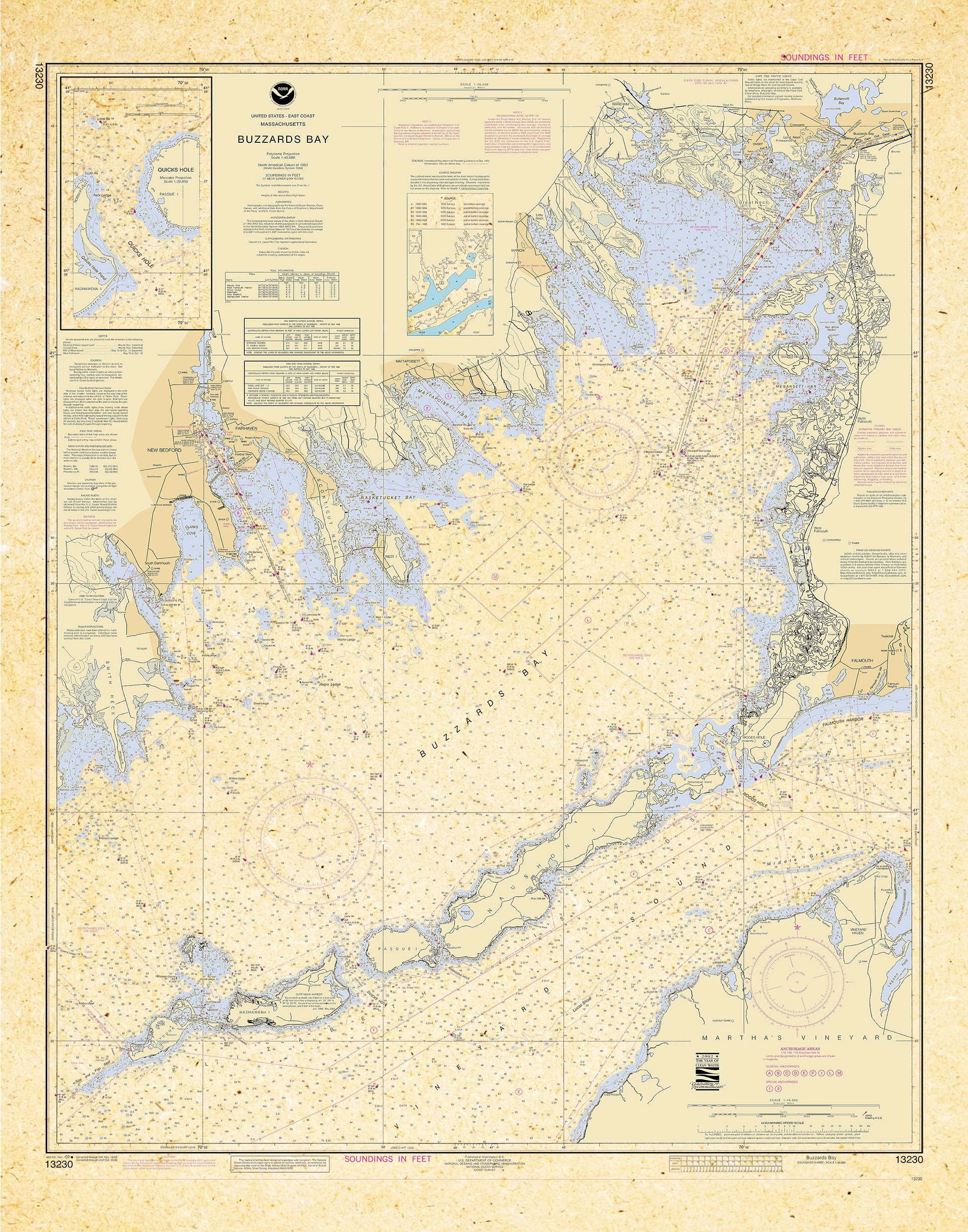 BUZZARDS BAY NAUTICAL Map Replica Print 1977, From Onset to Padanarum