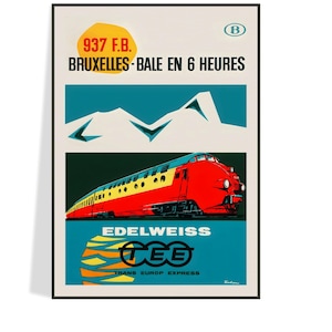 Vintage Europese treinreisposterreproductie halverwege de eeuw, 1962 Paul Funken Art Print – Brussel naar Bazel, decor spoorweg, gratis verzending