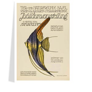 May include: Vintage poster advertising a Basel aquarium and terrarium exhibition. The poster features an illustration of a colorful fish with yellow, black, and blue stripes. Text includes the event's name, dates, and opening hours.
