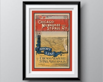 Vintage Train Travel Poster, 1885 Chicago, Milwaukee, St.Paul, Minneapolis Short Line, Gorgeous Art Nouveau, Gilden Age Styling, Ships Free.