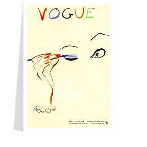 May include: Vintage Vogue magazine cover art featuring a woman applying blue eyeliner. The word "VOGUE" is written in red, blue, brown, and green. The woman's hand has red nail polish. The cover is from May 15, 1935.