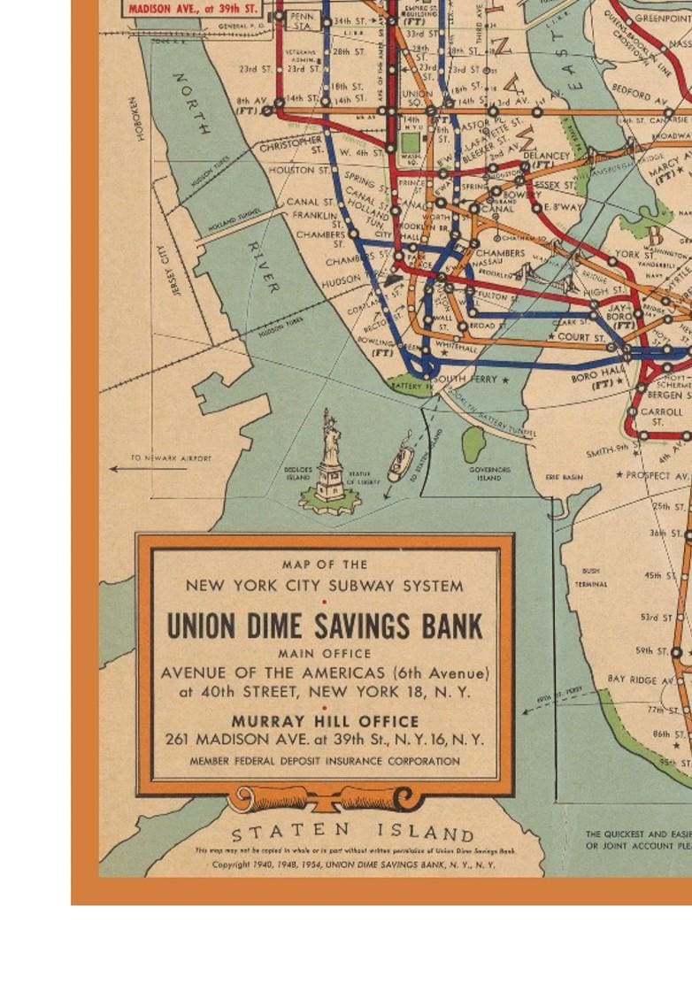 ヴィンテージのニューヨーク市地下鉄路線図、1954年製アンティークの