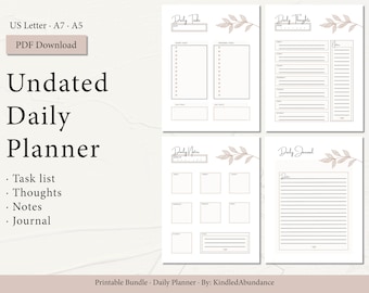 Undated Daily Planner, Printable Planner, Planner set, Planner Inserts, Instant Download, PDF, Letter, A5, A7