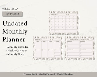 Undated Monthly Planner, Weekly planner, Printable Planner, Planner set, Planner Agenda, Instant Download, PDF, Letter, organic color pallet