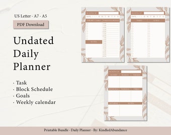 Può includere: Pianificatore giornaliero non datato stampabile con un design floreale. Il pianificatore include sezioni per attività, un programma a blocchi, obiettivi e un calendario settimanale.