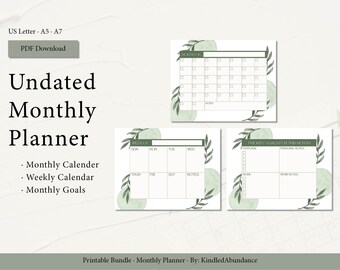 Undated Monthly Planner, Weekly planner, Printable Planner, Planner set, Planner Agenda, Instant Download, PDF, Letter, organic color pallet