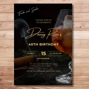 Editable Toasts and Smokes Male Birthday Party Invite, Men Invitation Printable Cigar Whiskey Invite, All Black Adult Invite