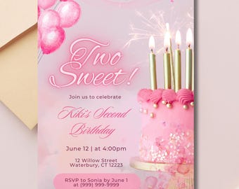 TWO Sweet birthday invitation, two sweet birthday, second birthday girl, instant download template