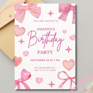 Pink Bow Invitation Coquette Birthday Girl Invite | Editable & Printable Invitation Template | Digital Download l Girl Birthday Party