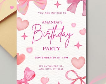 Invitation rose d'arc de fille d'anniversaire de coquette | Modèle d'invitation modifiable et imprimable | Téléchargement numérique l Fête d'anniversaire de fille