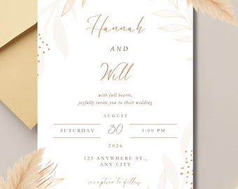 Invitación de boda bohemia beige neutra, invitación de boda bohemia, boda neutra, plantilla editable