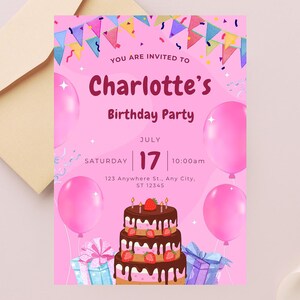 Birthday invitation template, instant download, pink girl birthday invitation, editable