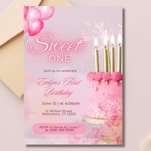 Sweet ONE birthday invitation, digital instant download template, sweet one, girl birthday